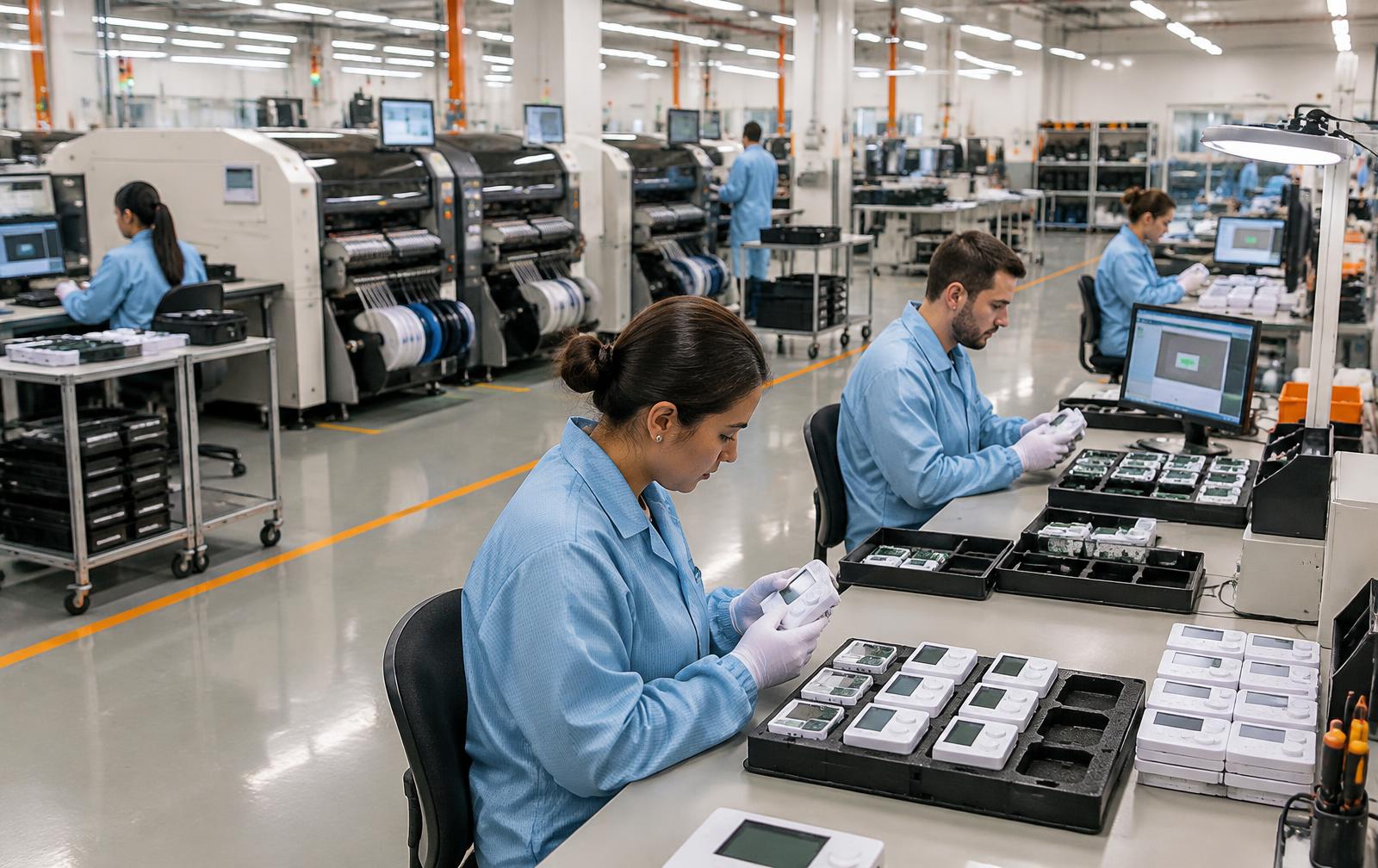 Technicians inspecting finished thermostat modules on the production floor