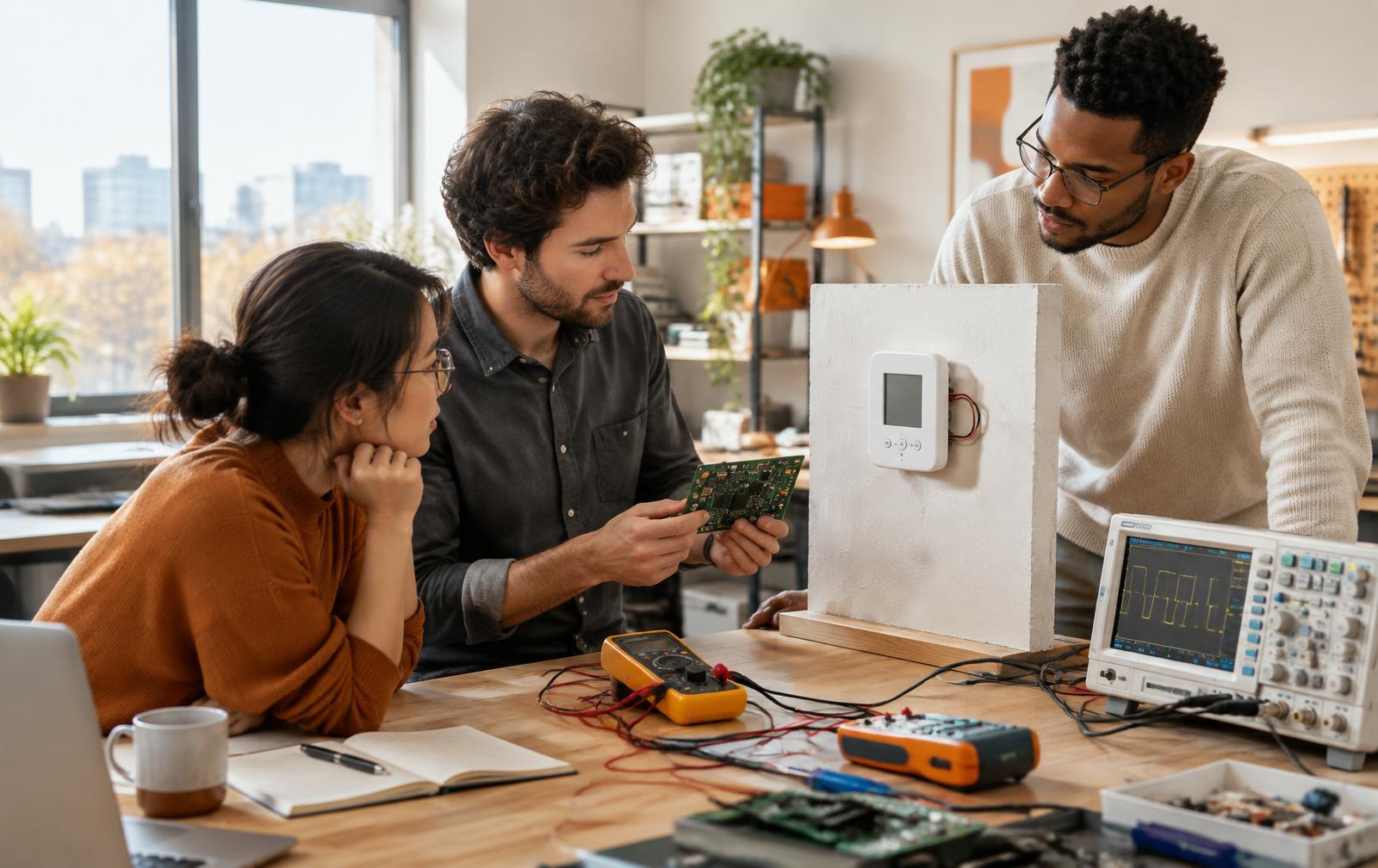 Rolbit engineers testing a wall thermostat prototype at an electronics workbench